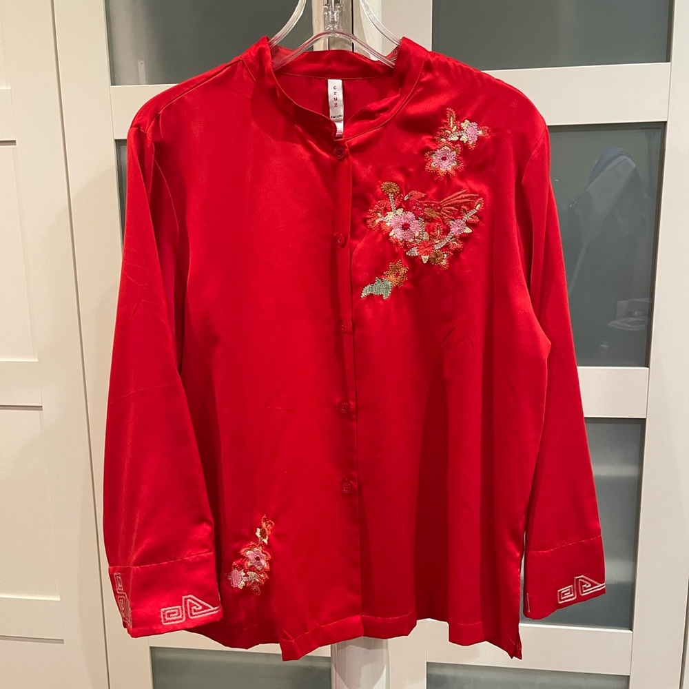 Natori Red Satin Embroidered Mandarin-Style Button Down Top